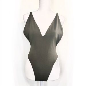 🍁🌾🍂SALE Plunging Army Green Cotton Thong Bodysuit TOBI